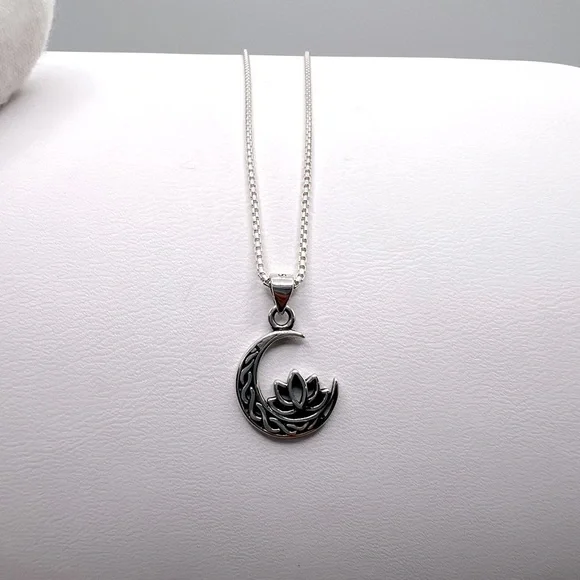 .925 Sterling Silver Moon and Lotus Flower Necklace - Picture 5 of 16